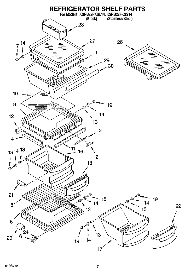 REFRIGERATOR SHELF PARTS Diagram and Parts List for KSRB22FKSS14  KitchenAid Refrigerator
