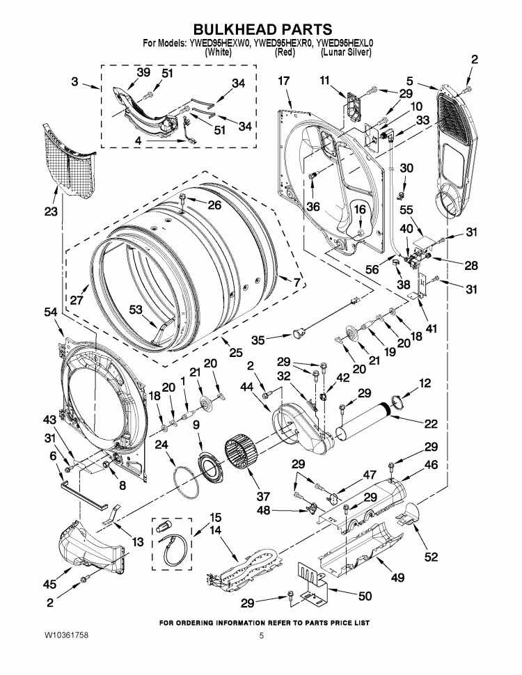 BULKHEAD PARTS Diagram and Parts List for YWED95HEXR0  Whirlpool Dryer