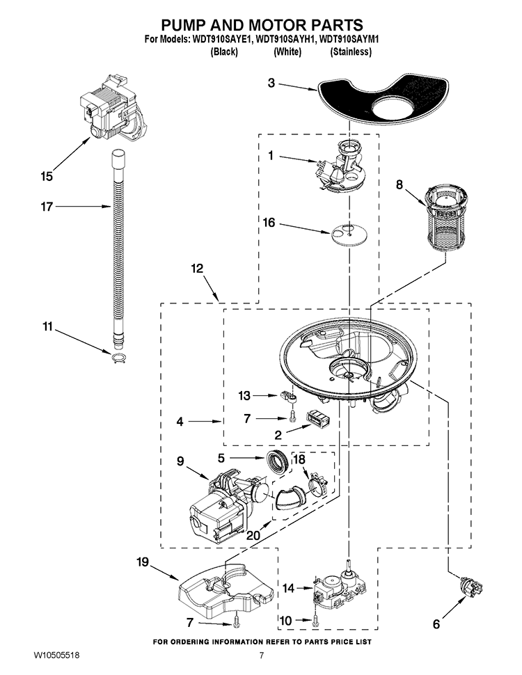 PUMP AND MOTOR PARTS Diagram and Parts List for WDT910SAYM1  Whirlpool Dishwasher