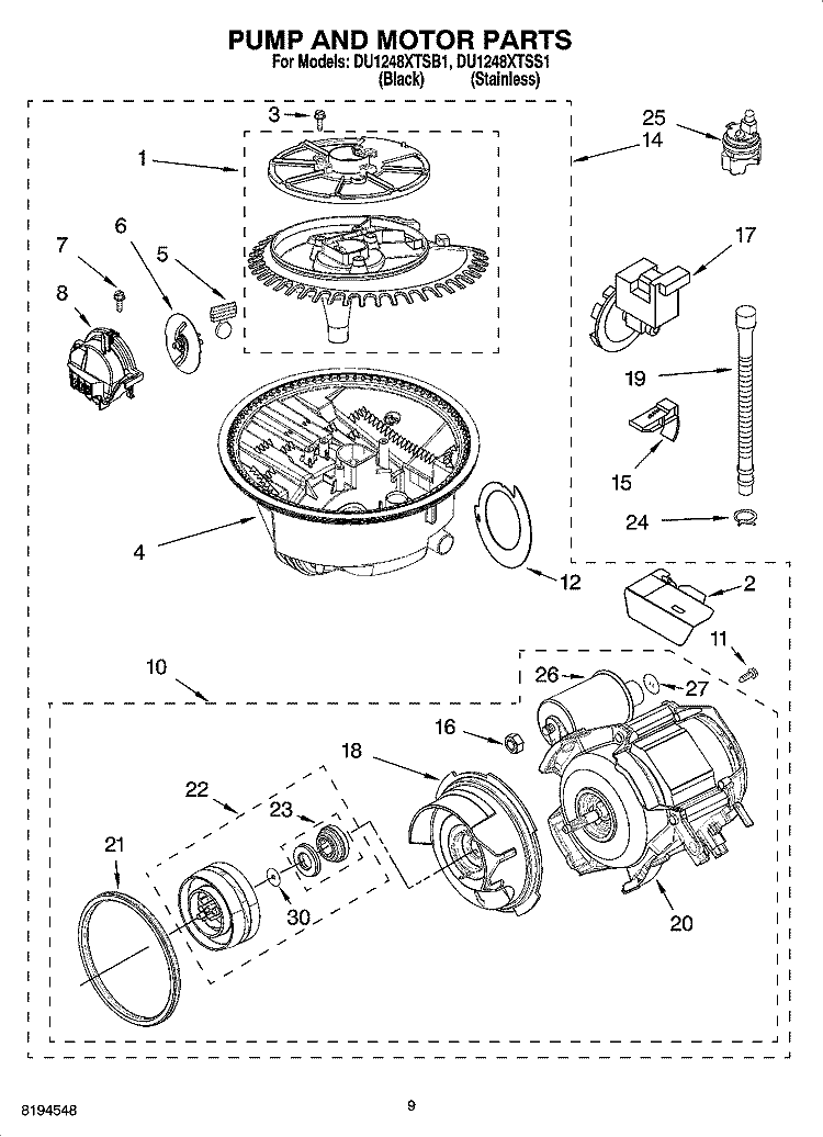 PUMP AND MOTOR PARTS Diagram and Parts List for DU1248XTSS1  Whirlpool Dishwasher