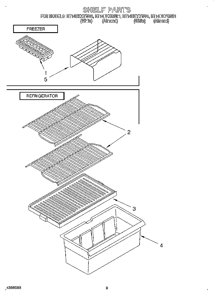 SHELF Diagram and Parts List for RT14DKYGW01  Roper Refrigerator