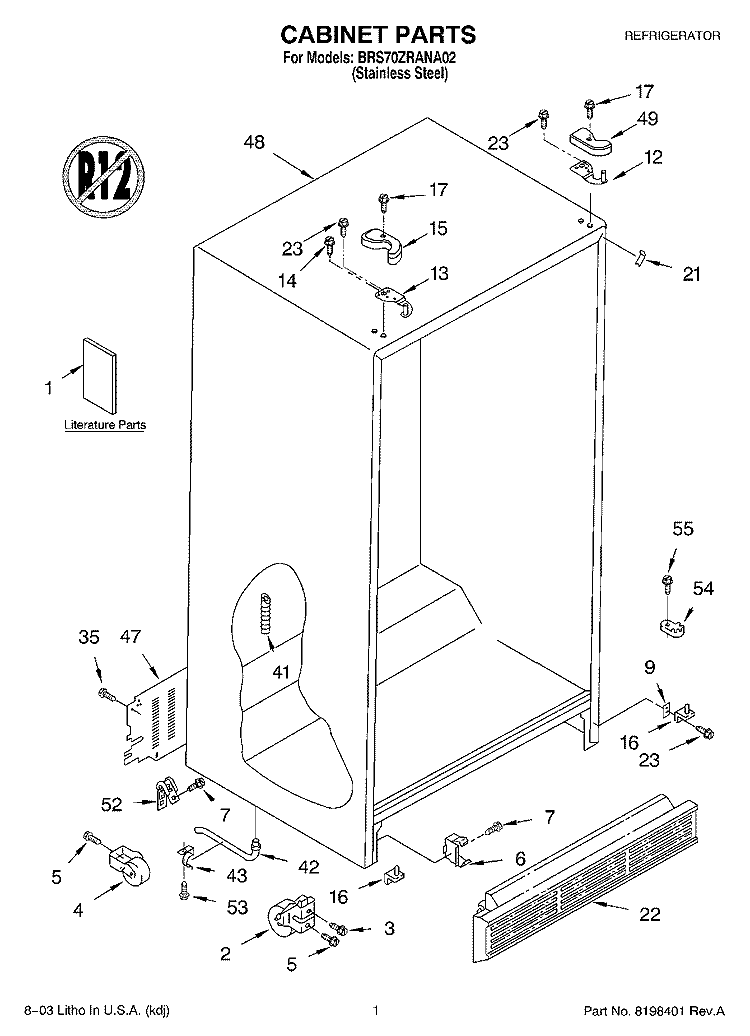 CABINET PARTS Diagram and Parts List for BRS70ZRANA02  Whirlpool Refrigerator