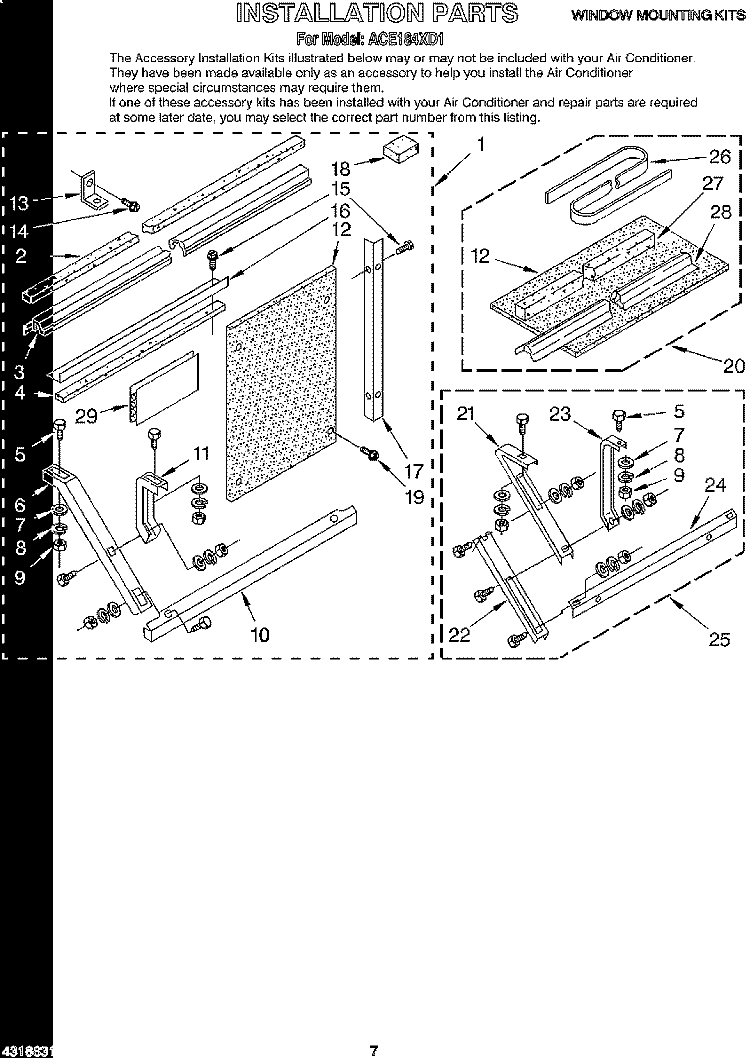 INSTALLATION Diagram and Parts List for ACE184XD1  Whirlpool Air Conditioner