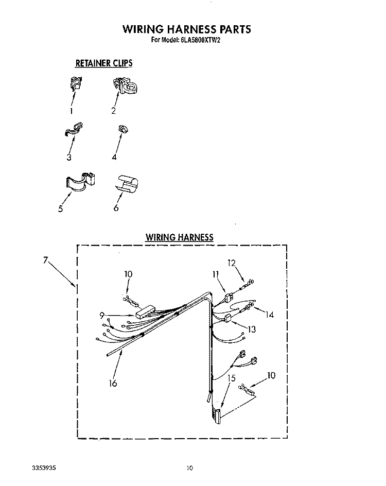 WIRING HARNESS Diagram and Parts List for 6LA5800XTW2  Whirlpool Washer