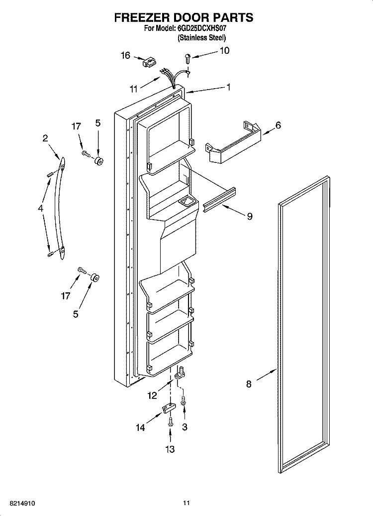 FREEZER DOOR PARTS Diagram and Parts List for 6GD25DCXHS07  Whirlpool Refrigerator