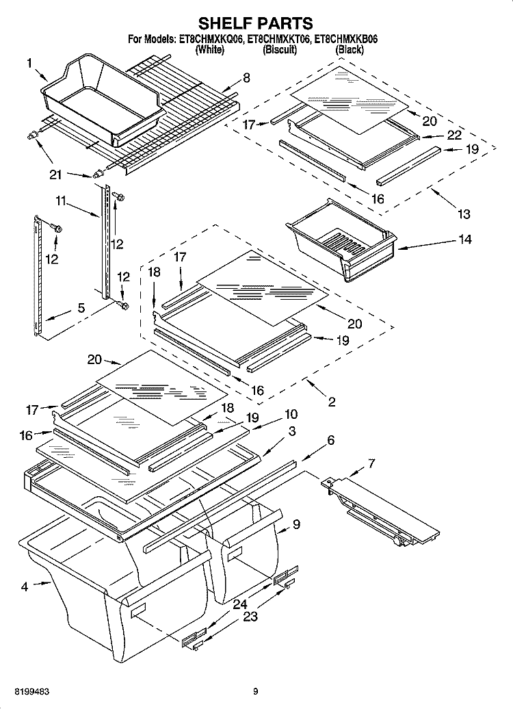 SHELF PARTS Diagram and Parts List for ET8CHMXKB06  Whirlpool Refrigerator