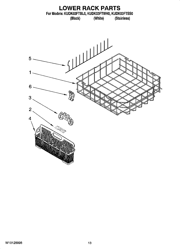 LOWER RACK PARTS, OPTIONAL PARTS (NOT INCLUDED) Diagram and Parts List for KUDK03FTBL0  KitchenAid Dishwasher
