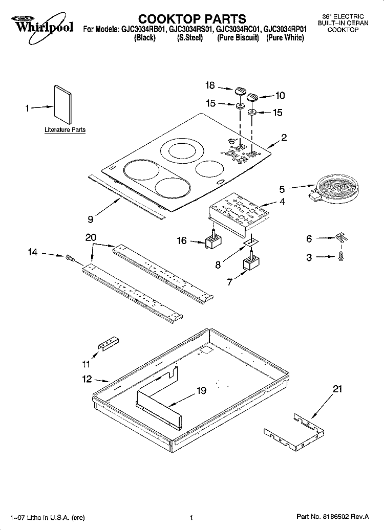 COOKTOP PARTS, OPTIONAL PARTS Diagram and Parts List for GJC3034RC01  Whirlpool Cooktop