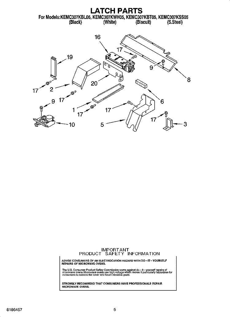 LATCH PARTS Diagram and Parts List for KEMC307KSS05  KitchenAid Microwave Oven Combo