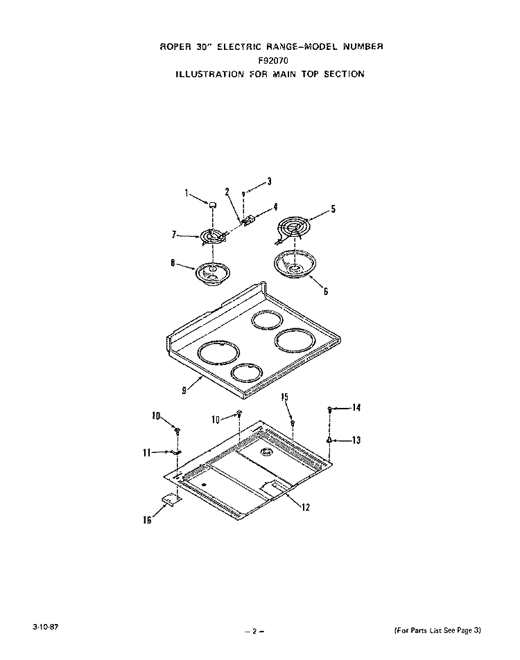 BODY Diagram and Parts List for F9207W0  Roper Range