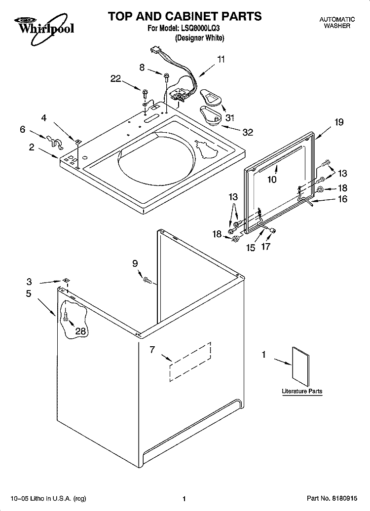 TOP AND CABINET PARTS Diagram and Parts List for LSQ8000LQ3  Whirlpool Washer