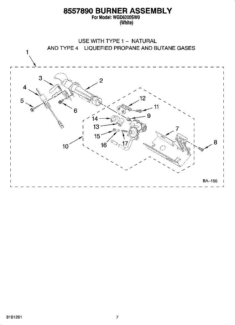 8557890 BURNER ASSEMBLY, OPTIONAL PARTS (NOT INCLUDED) Diagram and Parts List for WGD6200SW0  Whirlpool Dryer
