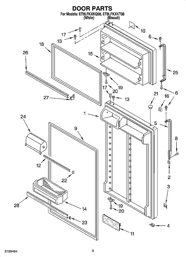 DOOR PARTS Diagram and Parts List for ET8LFKXKQ06  Whirlpool Refrigerator