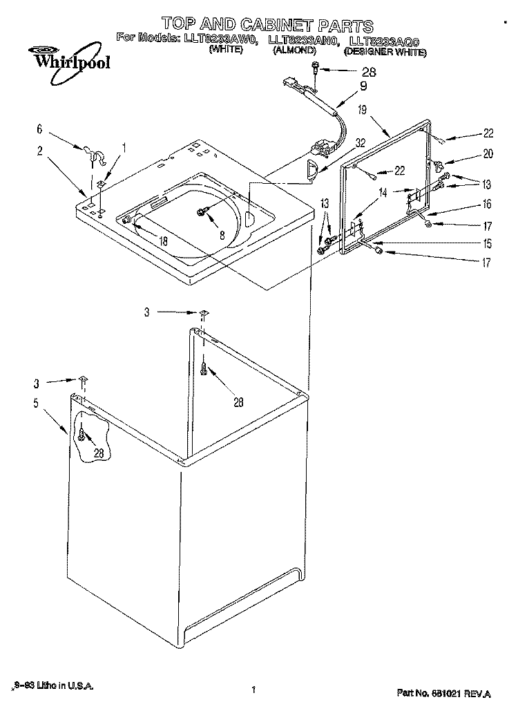 TOP AND CABINET, LIT/OPTIONAL Diagram and Parts List for LLT8233AN0  Whirlpool Washer