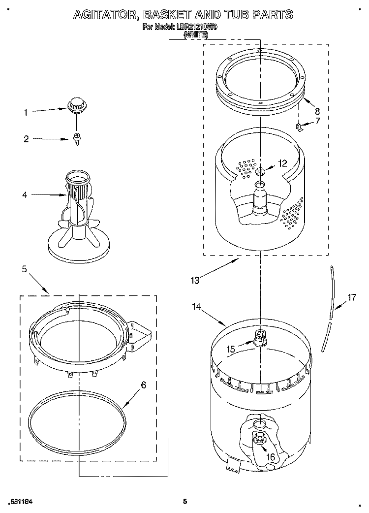 AGITATOR, BASKET AND TUB Diagram and Parts List for LBR2121DW0  Whirlpool Washer
