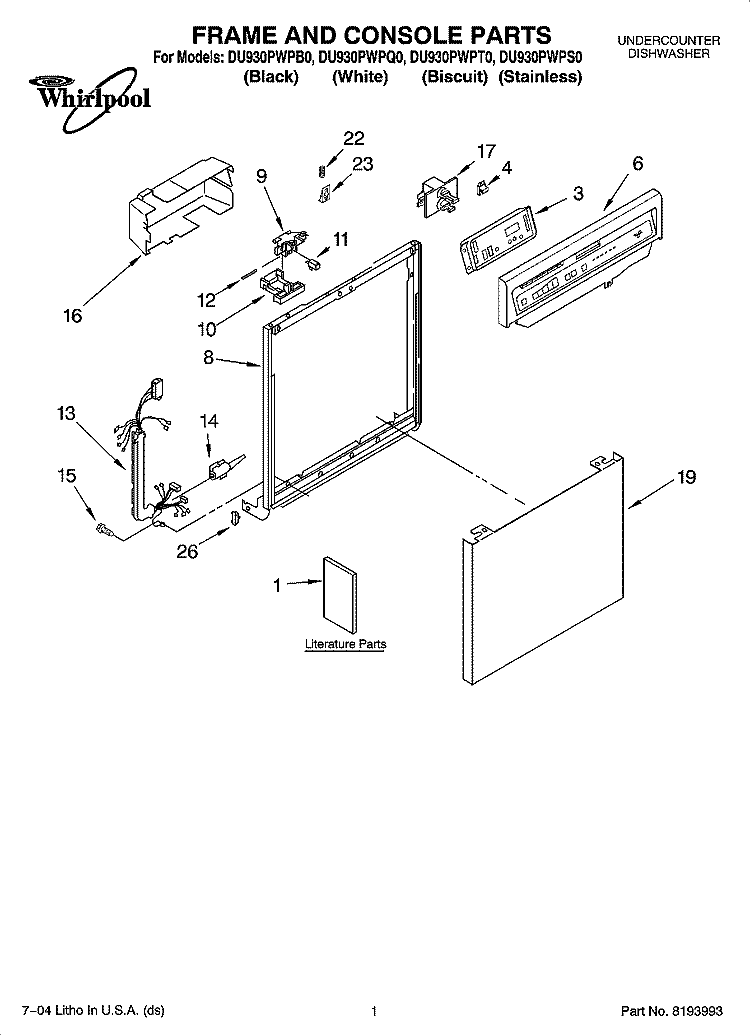 FRAME AND CONSOLE PARTS Diagram and Parts List for DU930PWPT0  Whirlpool Dishwasher