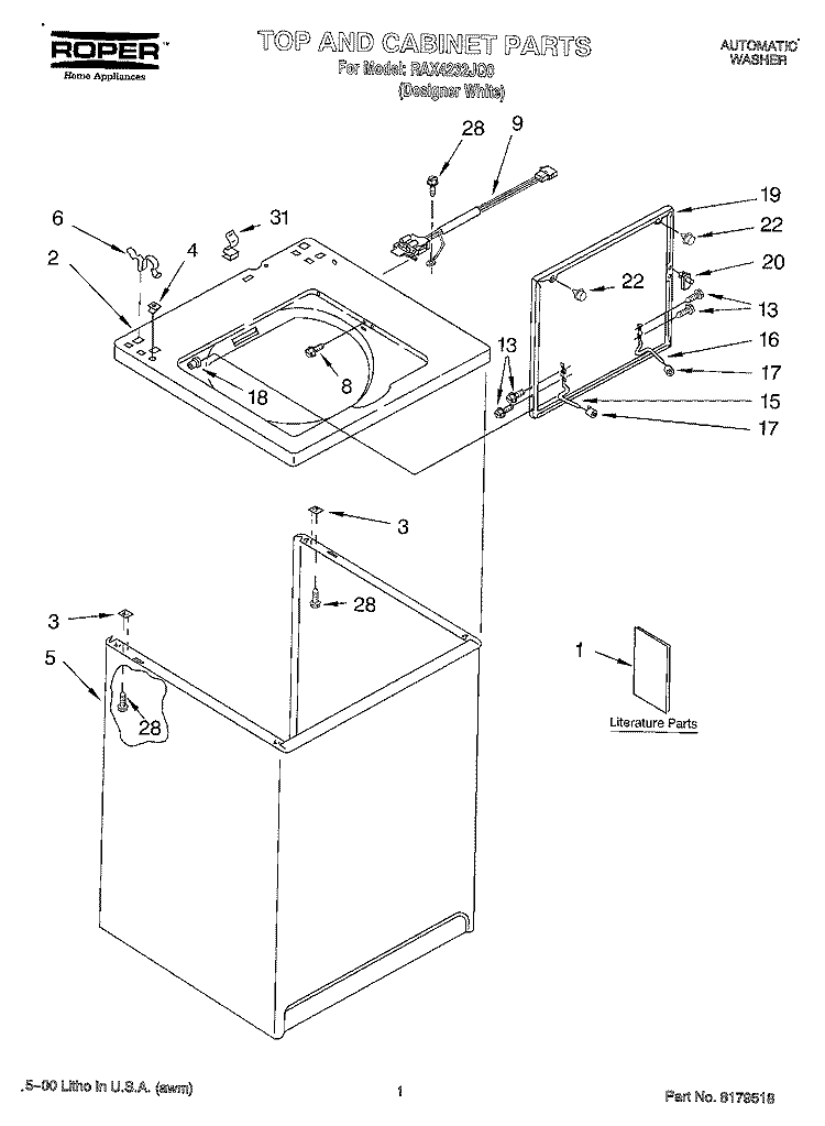 TOP AND CABINET, LITERATURE Diagram and Parts List for RAX4232JQ0  Roper Washer