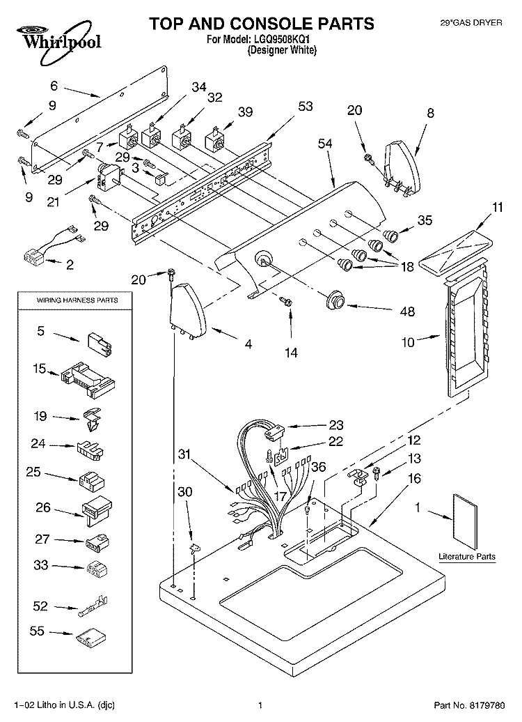 TOP AND CONSOLE, LITERATURE Diagram and Parts List for LGQ9508KQ1  Whirlpool Dryer