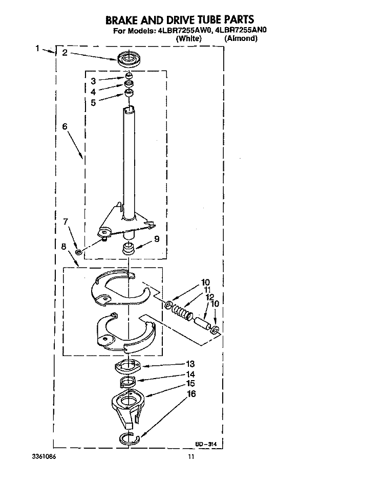 BRAKE AND DRIVE TUBE Diagram and Parts List for 4LBR7255AN0  Whirlpool Washer