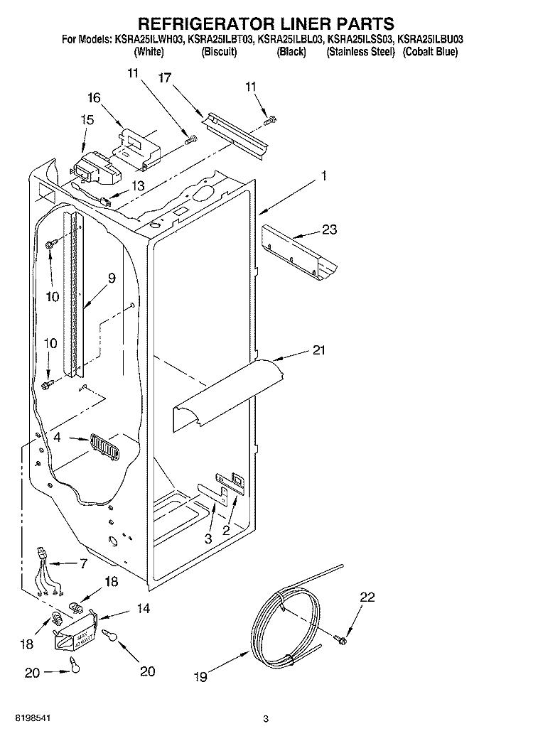 REFRIGERATOR LINER PARTS Diagram and Parts List for KSRA25ILBT03  KitchenAid Refrigerator