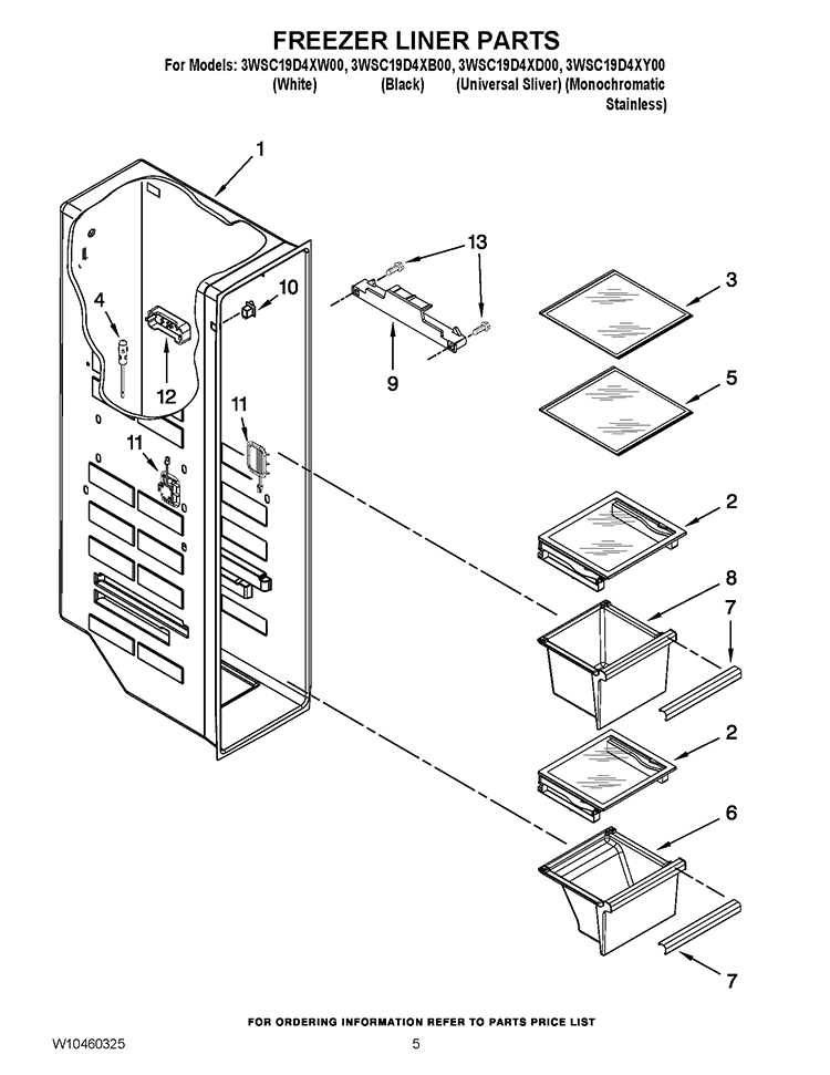 FREEZER LINER PARTS Diagram and Parts List for 3WSC19D4XB00  Whirlpool Refrigerator