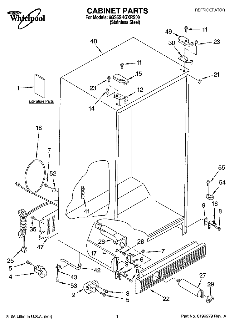 CABINET PARTS Diagram and Parts List for 6GS5SHGXRS00  Whirlpool Refrigerator