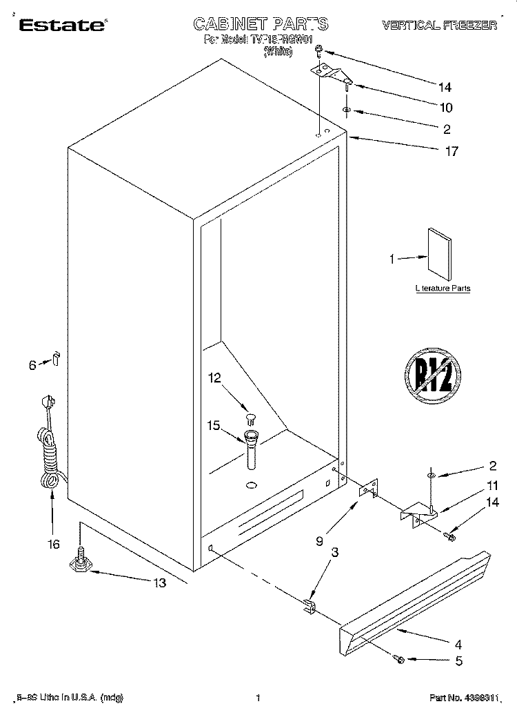 CABINET, LITERATURE Diagram and Parts List for TVF15FRGW01  Whirlpool Freezer