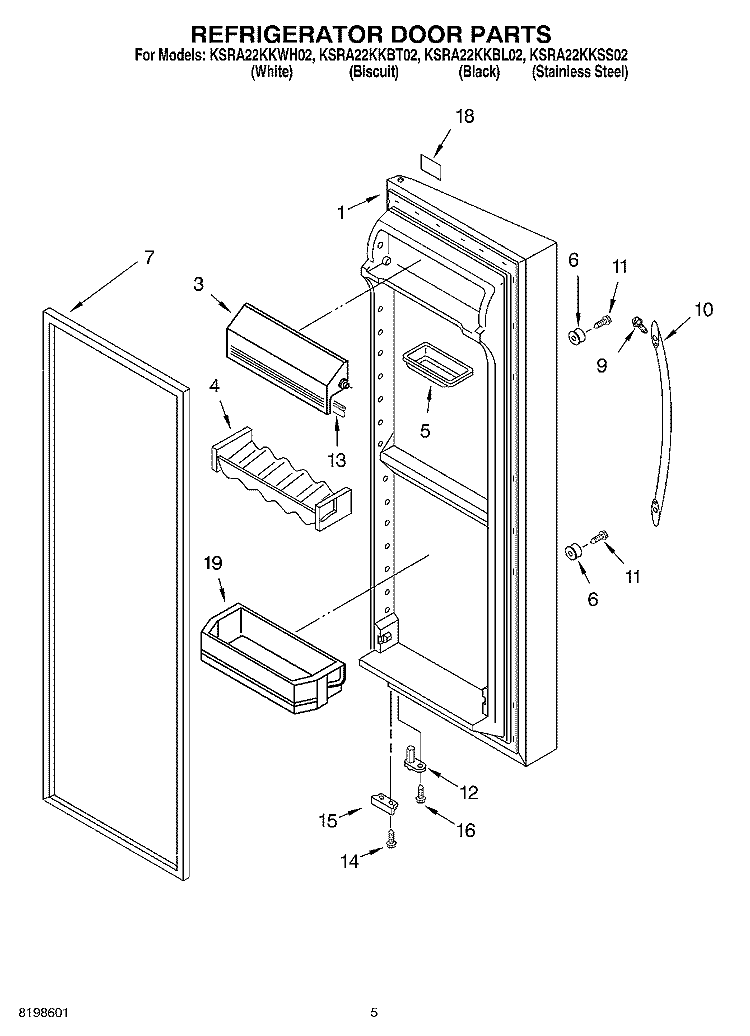 REFRIGERATOR DOOR PARTS Diagram and Parts List for KSRA22KKBT02  KitchenAid Refrigerator
