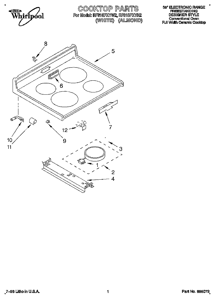 COOKTOP, LITERATURE Diagram and Parts List for RF316PXYN2  Whirlpool Range