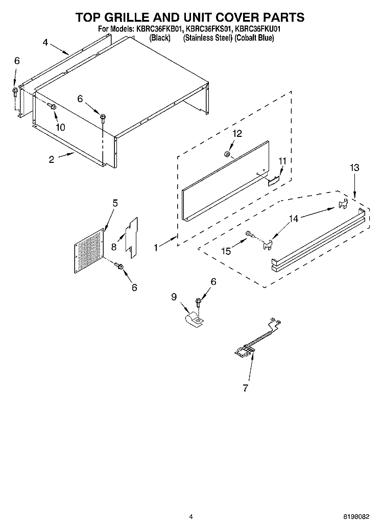 TOP GRILLE AND UNIT COVER Diagram and Parts List for KBRC36FKB01  KitchenAid Refrigerator