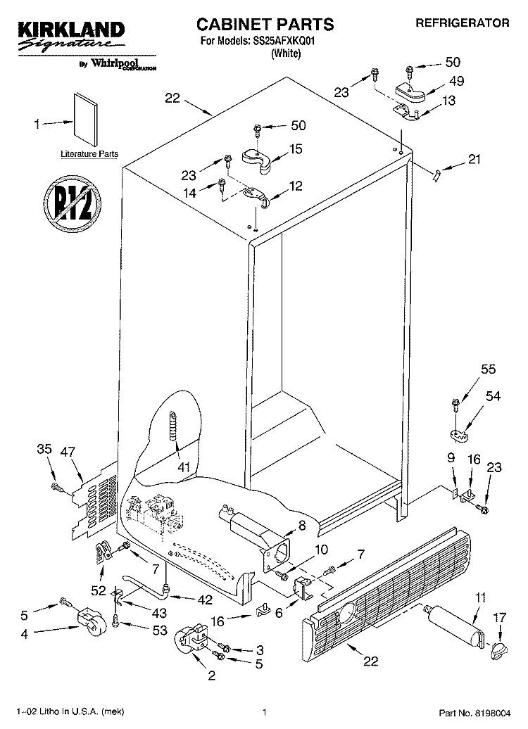 CABINET, LITERATURE Diagram and Parts List for SS25AFXKQ01  Whirlpool Refrigerator