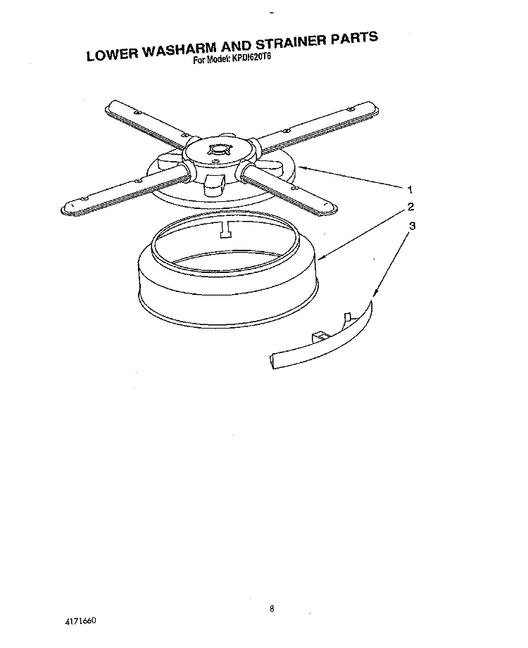 LOWER WASHARM AND STRAINER Diagram and Parts List for KPDI620T6  KitchenAid Dishwasher