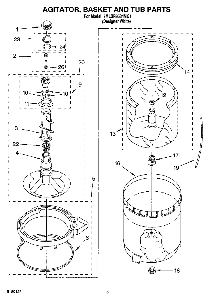 AGITATOR, BASKET AND TUB PARTS Diagram and Parts List for 7MLSR8534MQ1  Whirlpool Washer