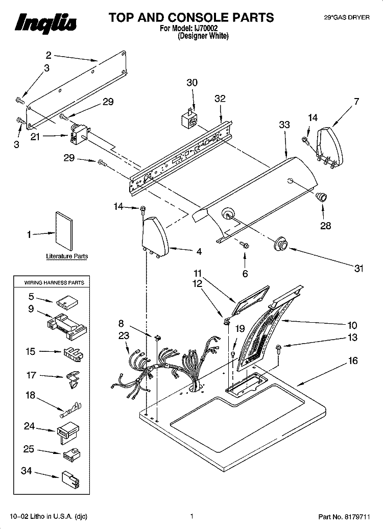 TOP AND CONSOLE PARTS Diagram and Parts List for IJ70002  Inglis Dryer