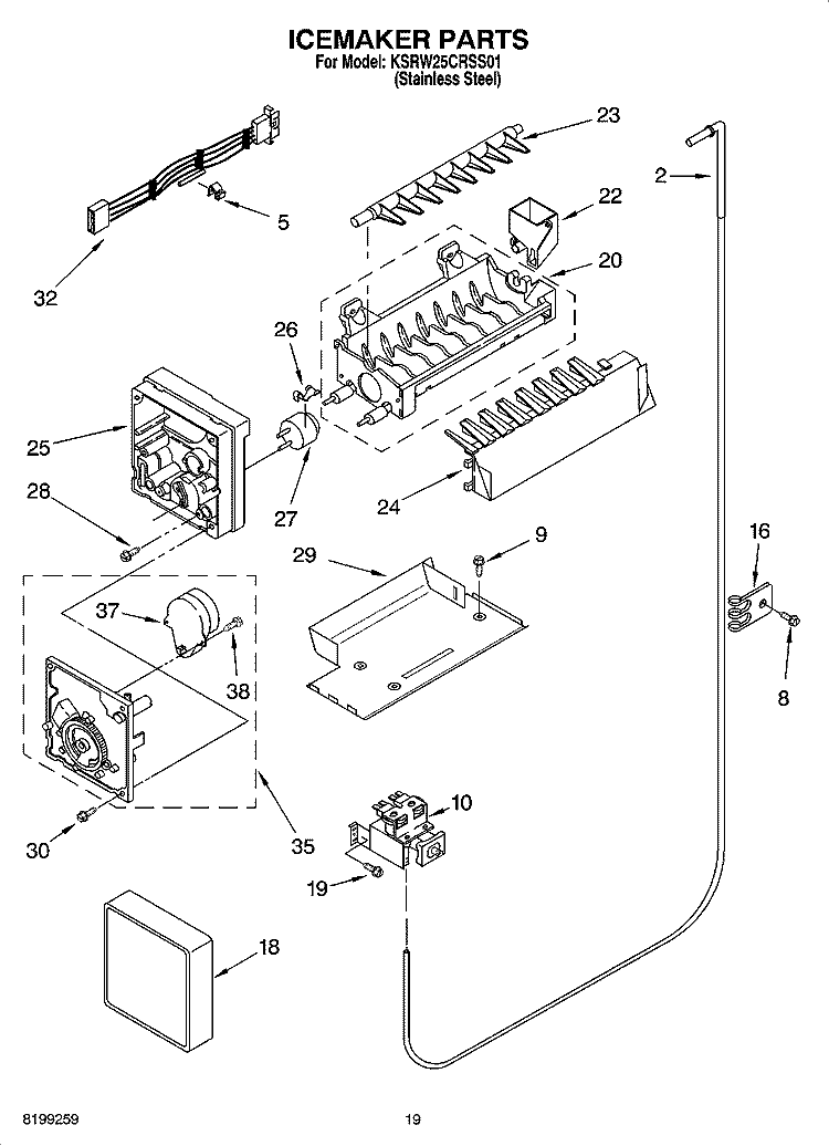 ICEMAKER PARTS, OPTIONAL PARTS Diagram and Parts List for KSRW25CRSS01  KitchenAid Refrigerator