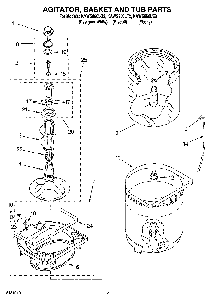 AGITATOR, BASKET AND TUB PARTS Diagram and Parts List for KAWS850LE2  KitchenAid Washer
