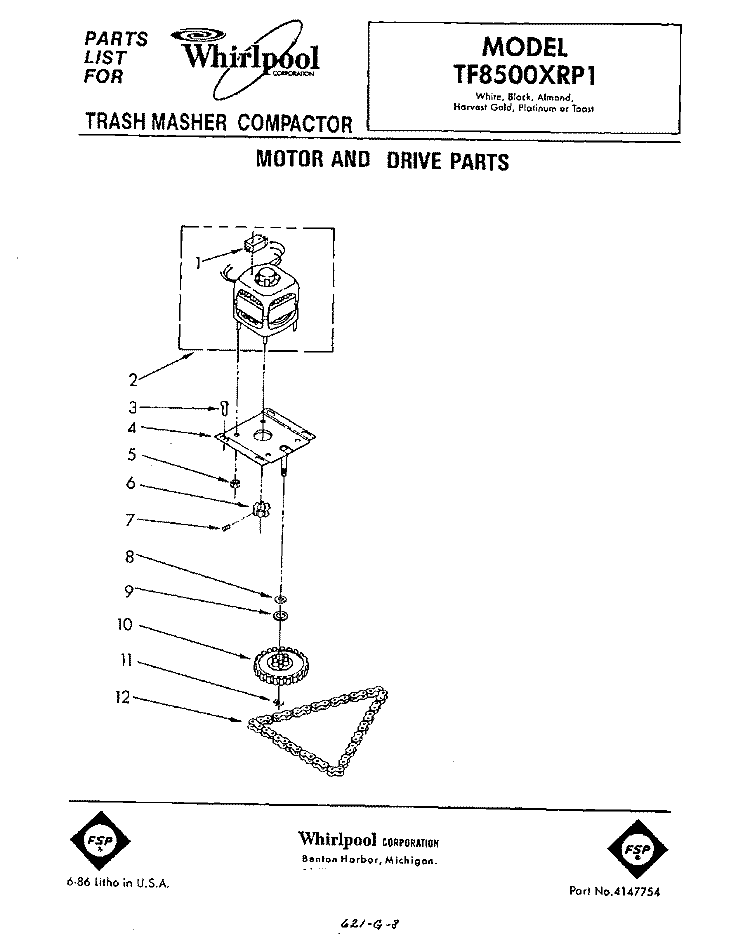 MOTOR AND DRIVE , LITERATURE Diagram and Parts List for TF8500XRP1  Whirlpool Trash Compactor
