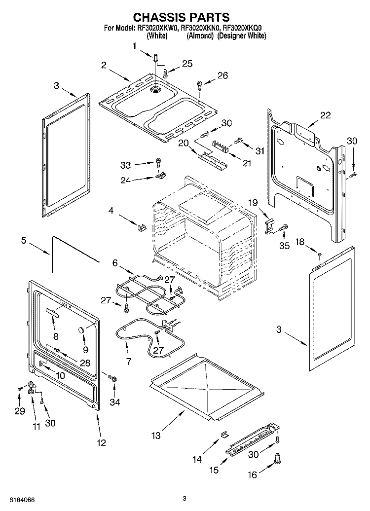 CHASSIS Diagram and Parts List for RF3020XKN0  Whirlpool Range