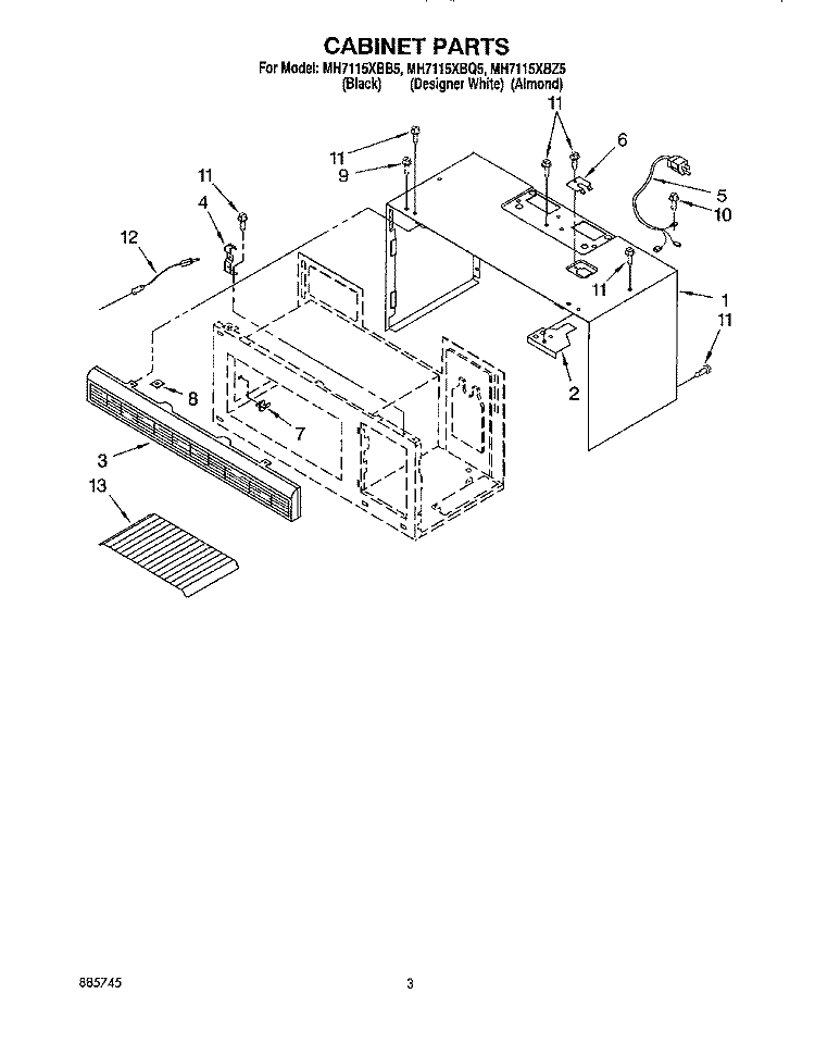 CABINET Diagram and Parts List for MH7115XBZ5  Whirlpool Microwave
