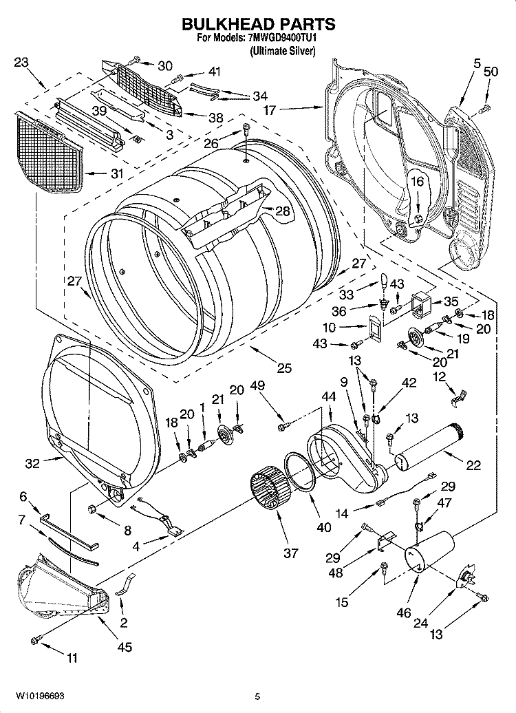 BULKHEAD PARTS Diagram and Parts List for 7MWGD9400TU1  Whirlpool Dryer