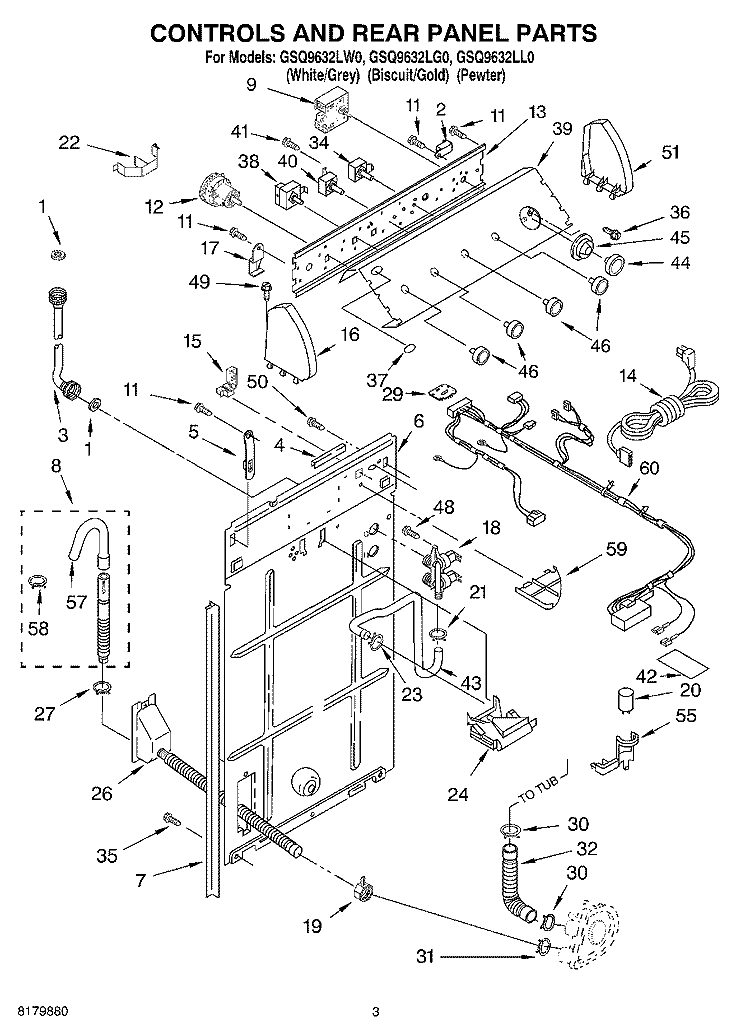 CONTROLS AND REAR PANEL Diagram and Parts List for GSQ9632LL0  Whirlpool Washer