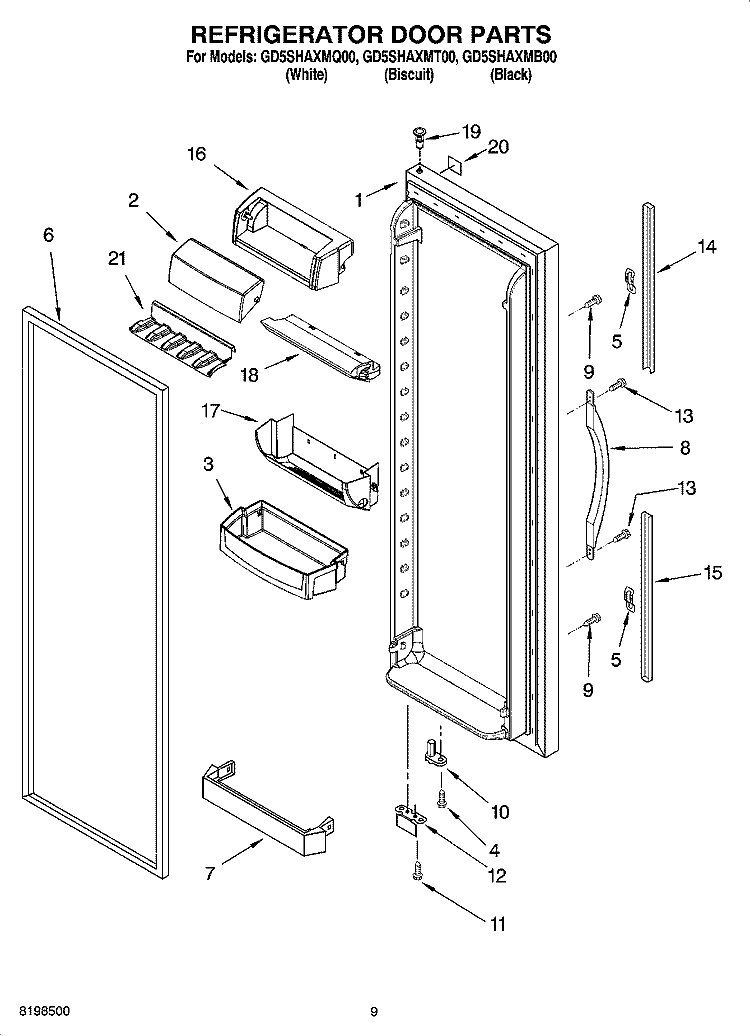 REFRIGERATOR DOOR PARTS Diagram and Parts List for GD5SHAXMT00  Whirlpool Refrigerator