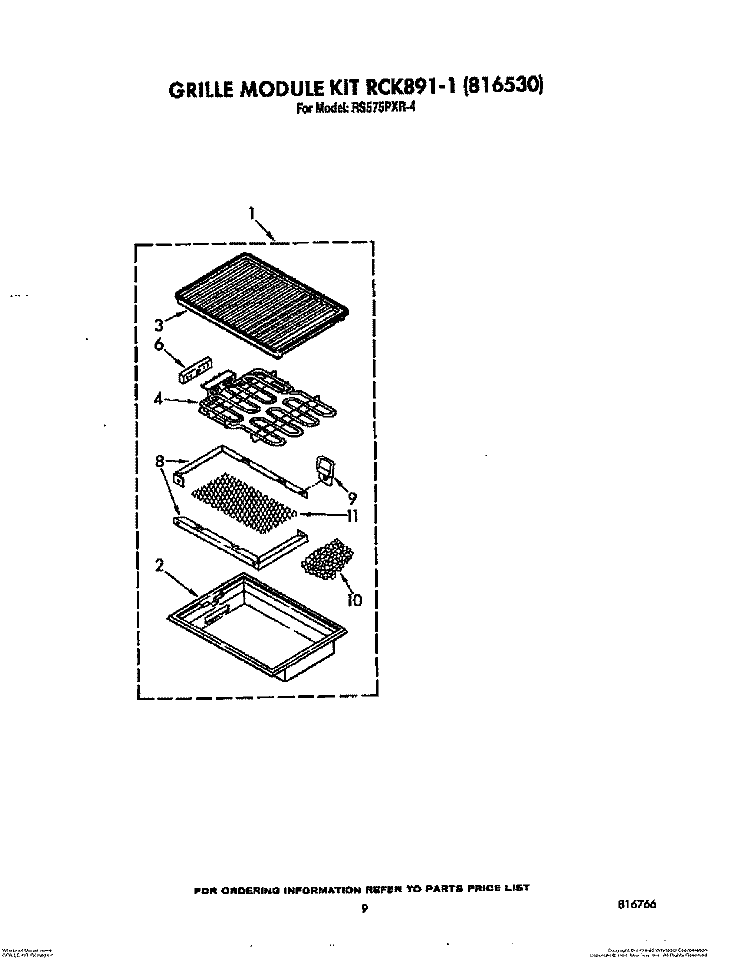 GRILLE KIT RCK891-1, LITERATURE Diagram and Parts List for RS575PXR4  Whirlpool Range