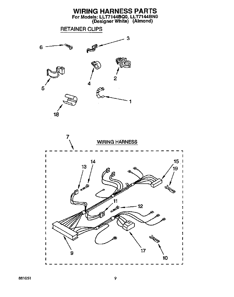 WIRING HARNESS Diagram and Parts List for LLT7144BN0  Whirlpool Washer