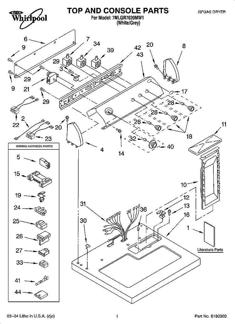 TOP AND CONSOLE PARTS Diagram and Parts List for 7MLGR7620MW1  Whirlpool Dryer