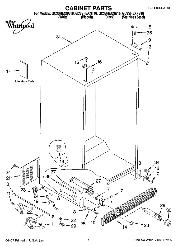 CABINET PARTS Diagram and Parts List for GC3SHEXNT16  Whirlpool Refrigerator