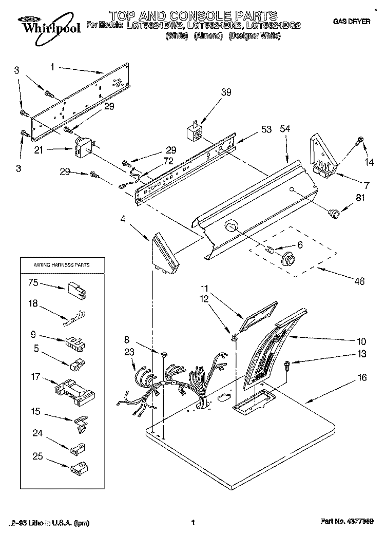 TOP AND CONSOLE, LIT/OPTIONAL Diagram and Parts List for LGT5624BW2  Whirlpool Dryer