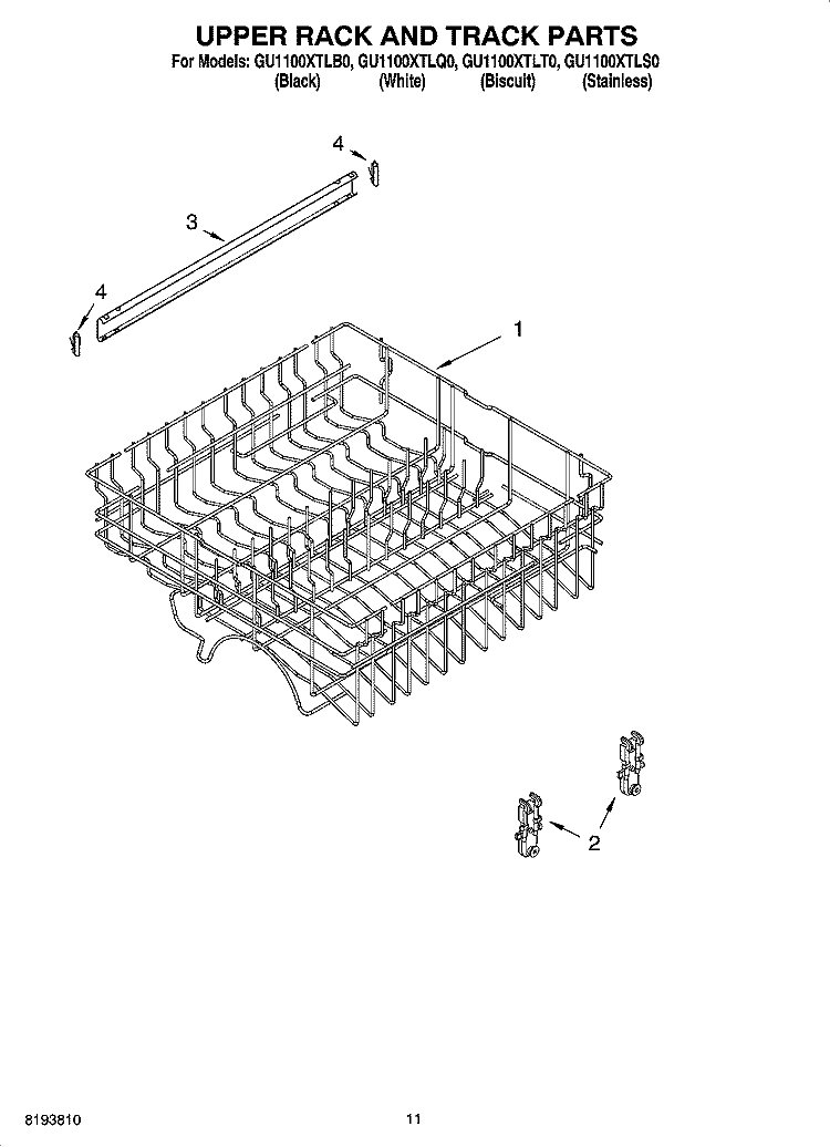 UPPER RACK AND TRACK PARTS Diagram and Parts List for GU1100XTLB0  Whirlpool Dishwasher