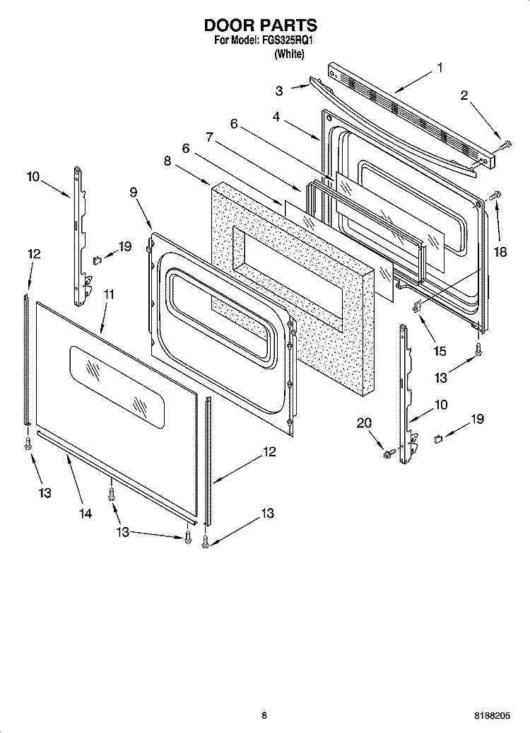 DOOR PARTS, OPTIONAL PARTS Diagram and Parts List for FGS325RQ1  Roper Range