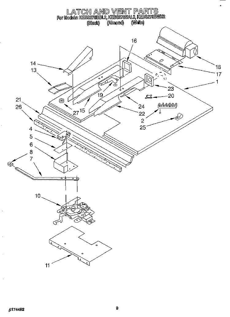LATCH AND VENT Diagram and Parts List for KEBS278BBL2  KitchenAid Wall Oven